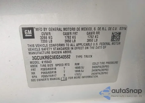 2014 Chevrolet Silverado K1500 Lt z USA, uszkodzony, nr VIN 3GCUKREC9EG540582